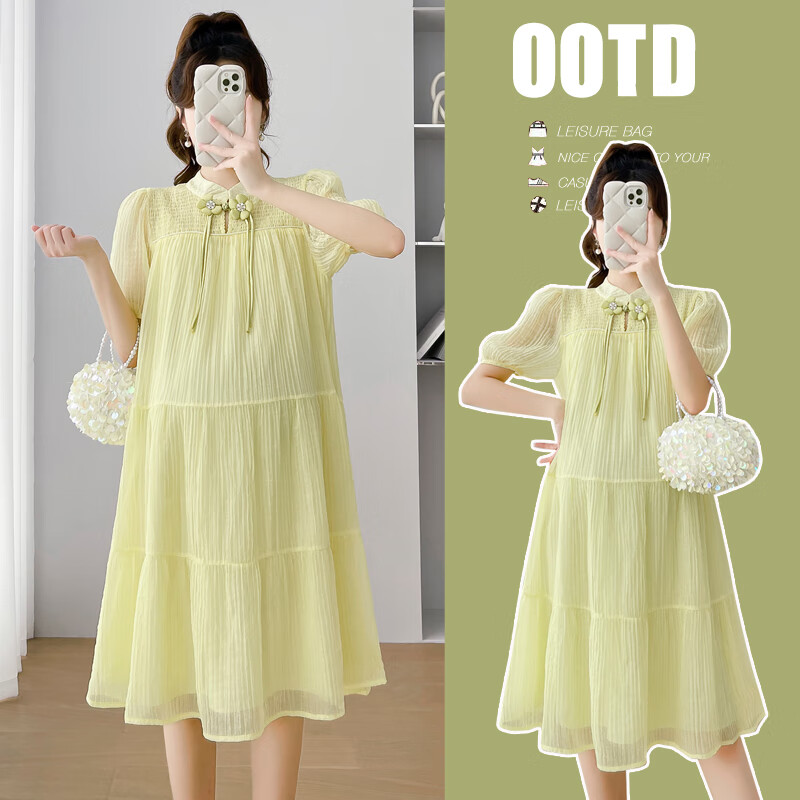 唯美黛安芬夏季新款中式盘扣天丝泡泡袖甜美宽松显瘦孕妇连衣裙孕妇裙