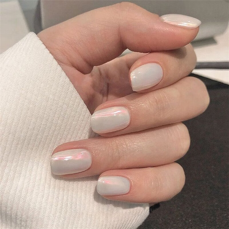 纯手工日式干净白极光穿戴甲美甲成品贴片假指甲片学生可拆卸使用