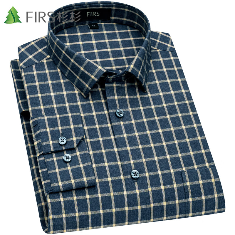 杉杉(firs)长袖衬衫男中青年商务休闲条纹腈纶衬衣男 a1156-2格子长袖