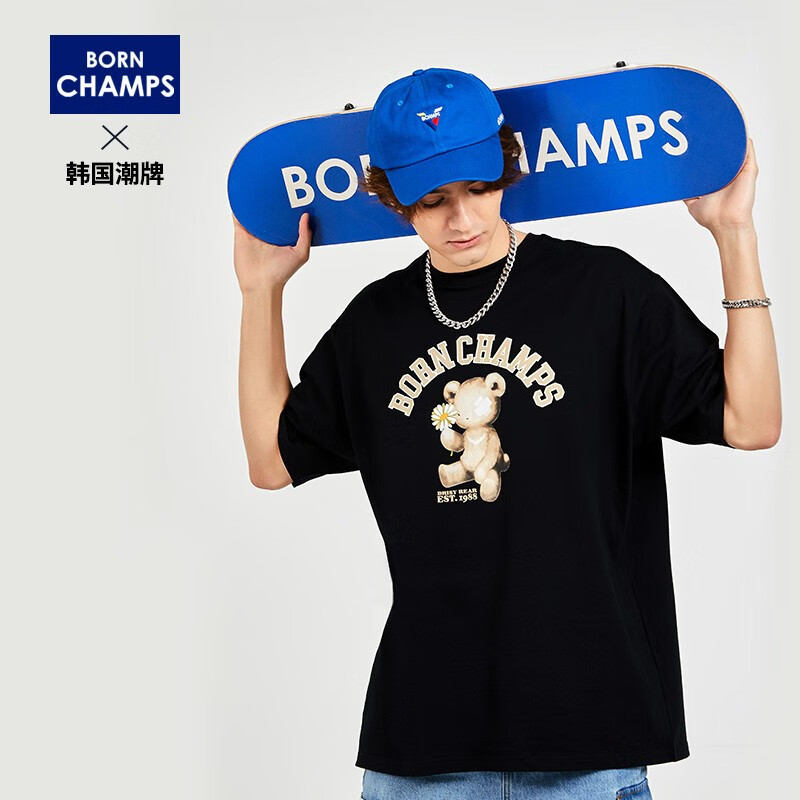 bornchamps 韩国潮牌t恤男士休闲宽松短袖男t恤夏季圆领男女同款小熊