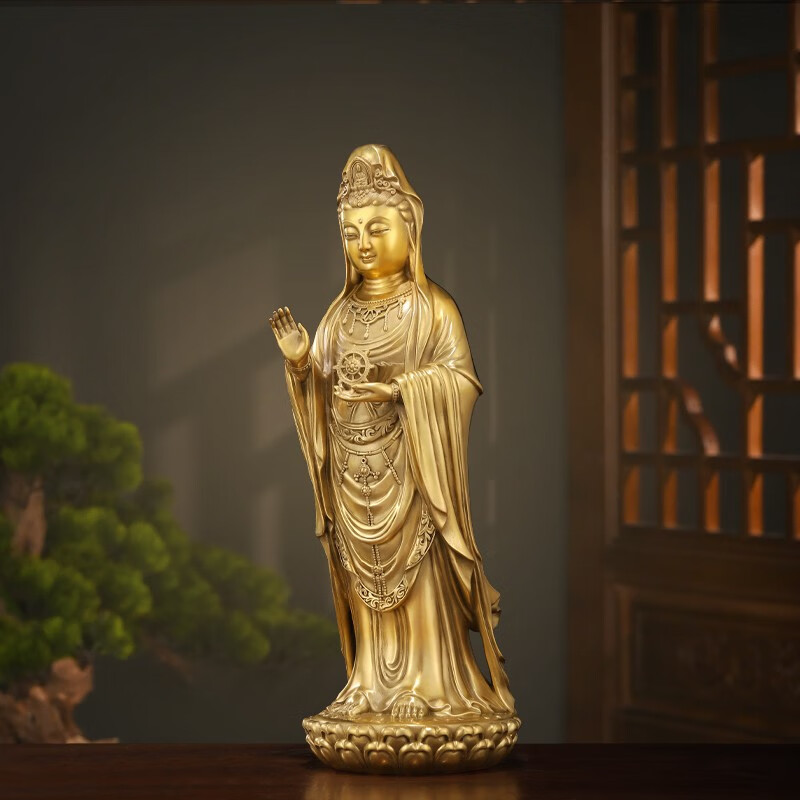 像全铜莲花站像家用室内铜观世音菩萨像摆件 中号高28cm 南海黄铜观音