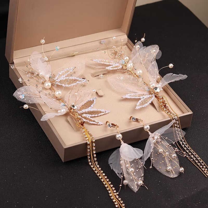 海伊朵婚纱头饰新娘发饰套装发箍韩式仙女森系敬酒服发饰中式礼服配饰品 新娘森系白色【头饰加耳环】