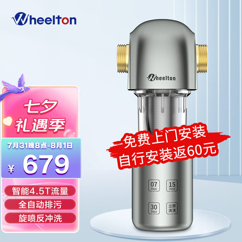 惠尔顿（WHEELTON）前置过滤器自动清洗净水器反冲洗家用净水机全屋进水管过滤器智能4.5T以上 自动冲洗标准款 智能计时反冲