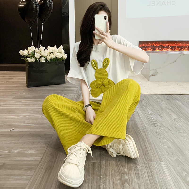 tvaj盐系穿搭休闲运动套装女夏季宽松时尚洋气短袖阔腿裤两件套纯棉