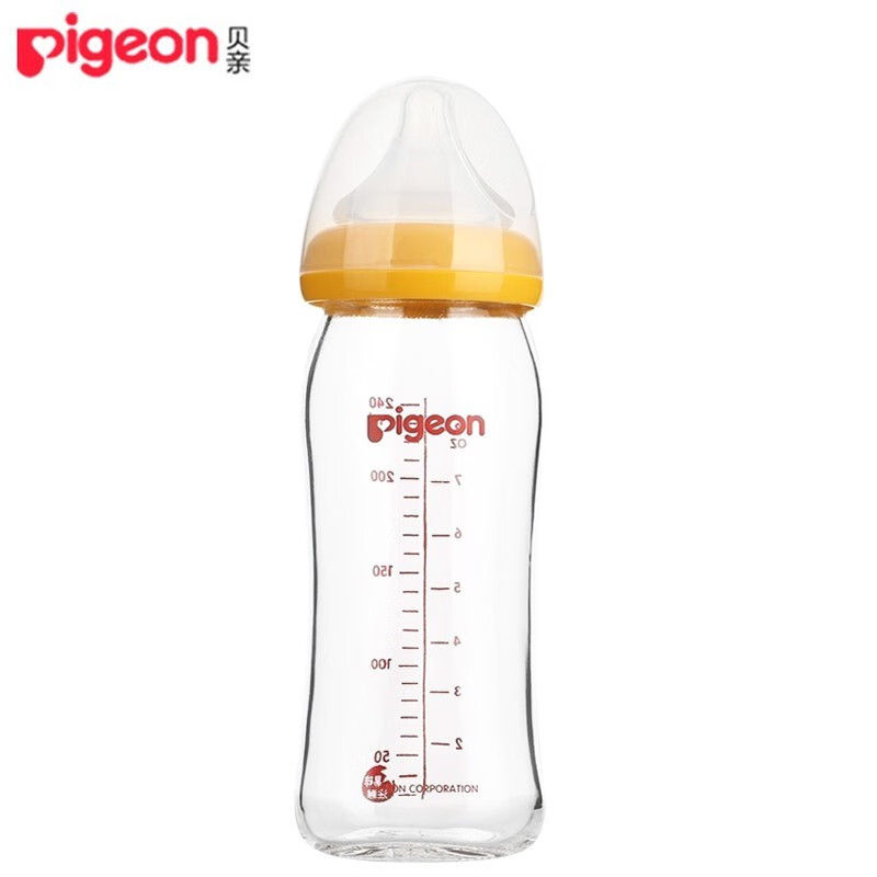 贝亲（Pigeon）宽口径玻璃奶瓶 新生儿自然实感硅橡胶护层彩绘奶瓶 240ml M奶嘴3-6月（黄色）