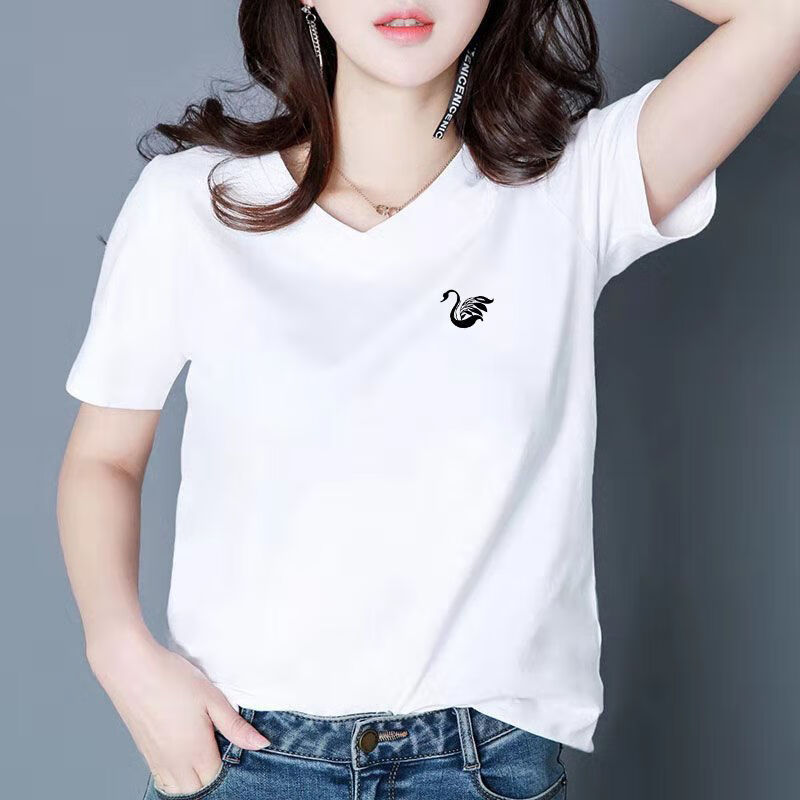 【女装t恤新款】高品质棉黑白色v领t恤女短袖新款夏鸡心领短袖t恤女