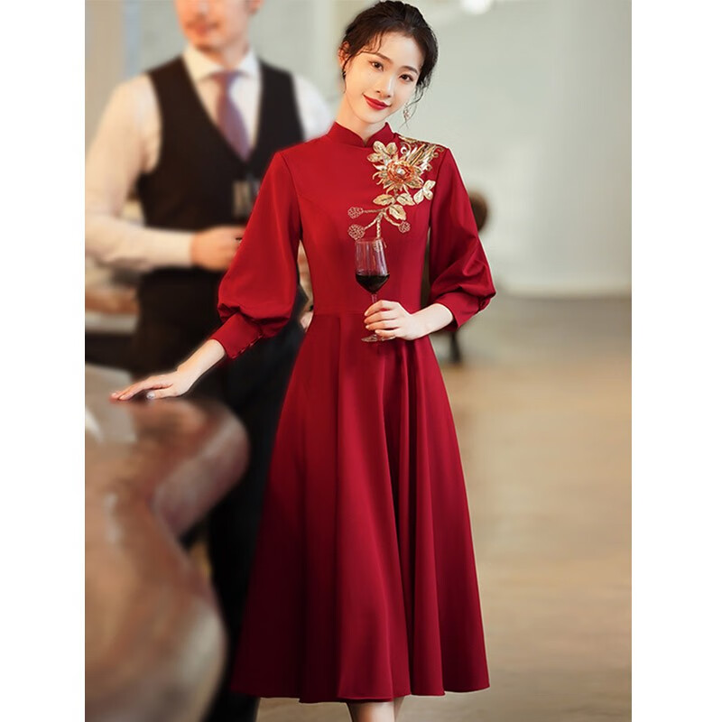 塞德勒新娘敬酒服秋季中式酒红色复古订婚答谢宴礼服裙小个子中长款显瘦 酒红色 M怎么看?