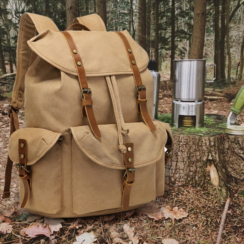 京逸露营背包二战复古帆布双肩包男潮流大学生书包休闲bc旅行电脑德军