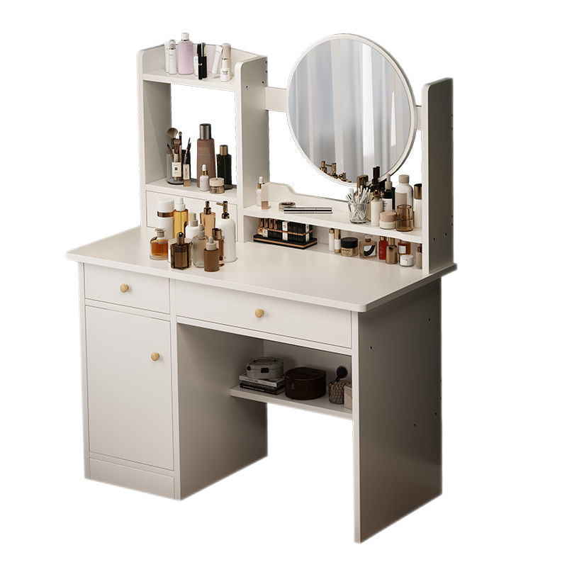 元茗雅 梳妆台卧室现代简约小型轻奢网红ins化妆台收纳柜一体小户型桌子 60x40x119暖白 组装