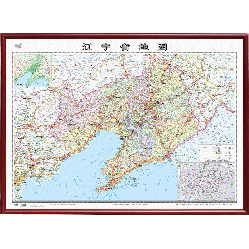 【定制边框】辽宁省地图 木框装裱 约1.1米*0.8米 红棕色边框
