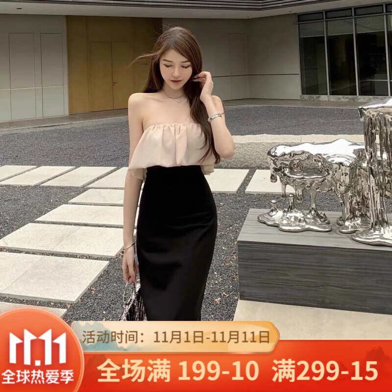 花妞慧 荷叶边抹胸连衣裙美人鱼优雅女人味连衣裙性感