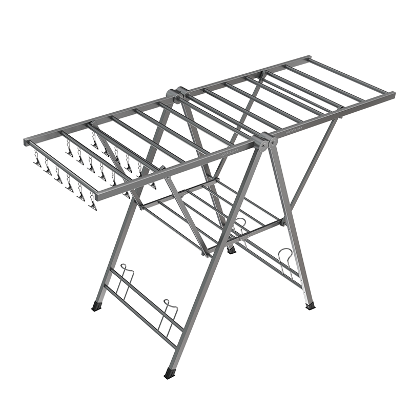 好太太晾衣架落地折叠晒衣架折叠挂衣架室内晾衣杆阳台晒被架不锈钢加厚晾晒架晒衣服架翼型免安装挂衣架 【D-2136】深灰色+18个钢夹+加粗杆