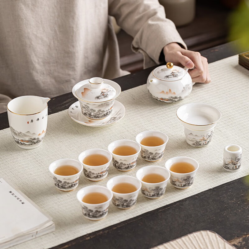 金镶玉 羊脂玉瓷功夫茶具套装 家用陶瓷白瓷茶壶茶杯泡茶套组礼盒装 西施壶水墨江山羊脂玉瓷套装