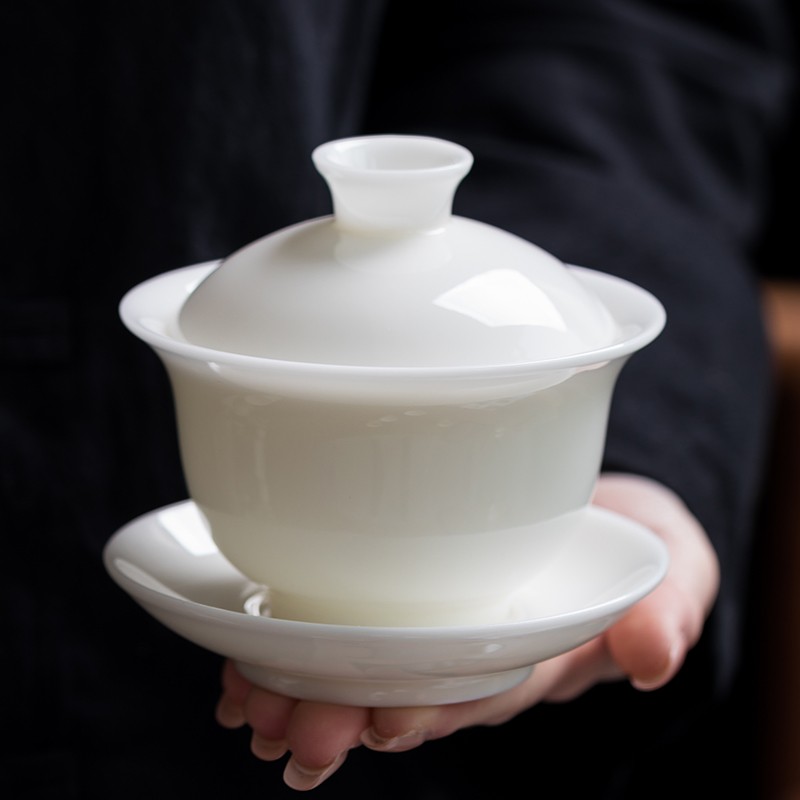 简与白 冰种玉瓷盖碗高端三才茶杯单个茶碗带盖精品家用茶盏泡茶功夫茶具 冰种釉烧羊脂玉瓷如冬盖碗