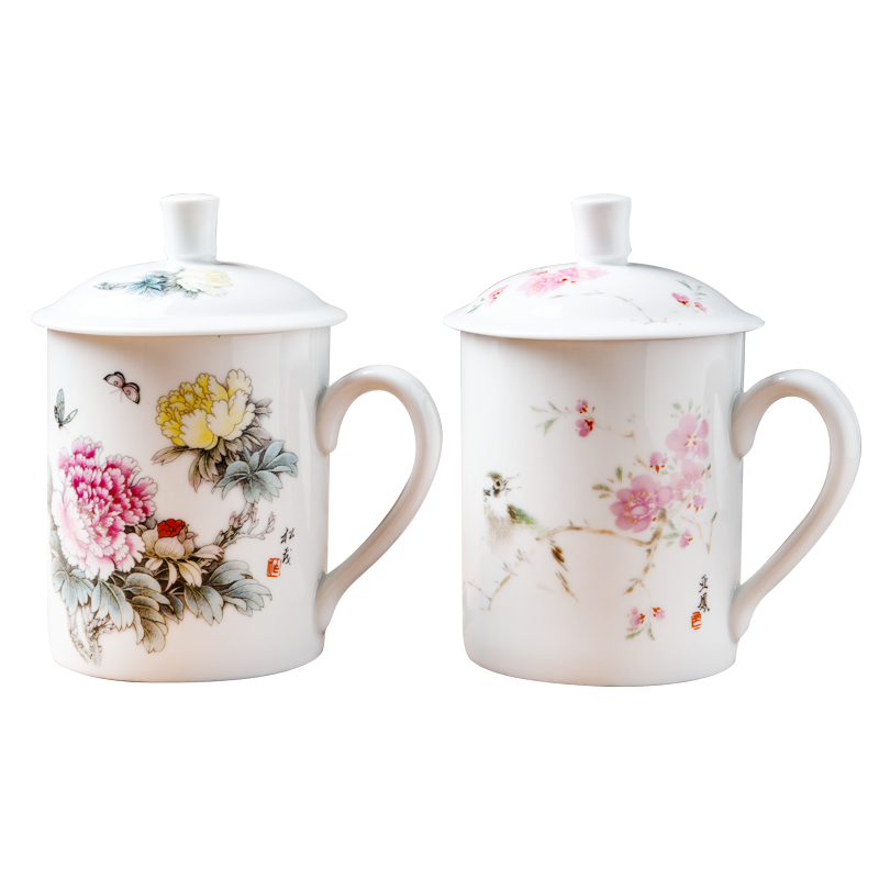 景德鎮(zhèn)陶瓷中式牡丹花鳥花鏡茶杯家用喝水男女對(duì)杯帶禮盒喬遷情侶送禮物 牡丹花鳥花鏡對(duì)杯