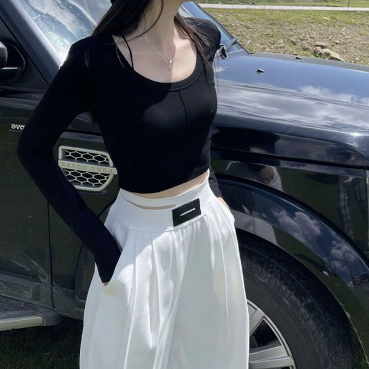 女套装时尚秋季韩版修身长袖t恤短款宽松束脚运动 黑衣 白裤两件套 s
