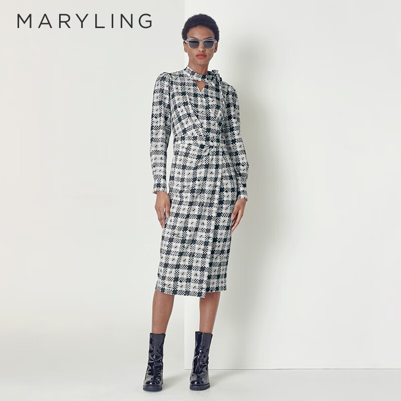 maryling玛俪琳2022秋季经典黑白格纹连衣裙a1cgw61790 黑白格纹 36/s