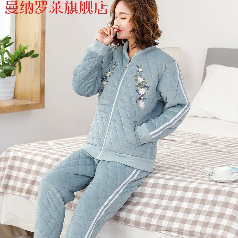 曼纳罗莱 睡衣女冬拉链款加厚保暖加绒女士法兰绒夹棉家居服套装棉袄