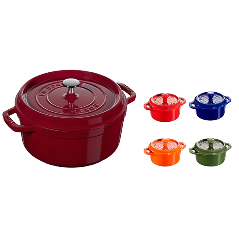 琺寶（staub）琺瑯鍋鑄鐵鍋煲湯燉湯鍋熬湯煮鍋陶瓷碗家用廚房多功能鍋具套裝 【24cm酒紅+四色陶瓷盅10cm】