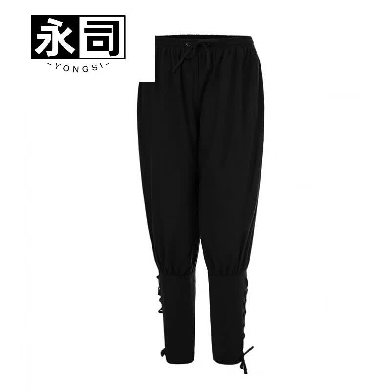永司欧洲中世纪服饰男士男束脚裤欧美2023棉麻长裤踝带裤维京海盗休闲 黑色 L怎么看?