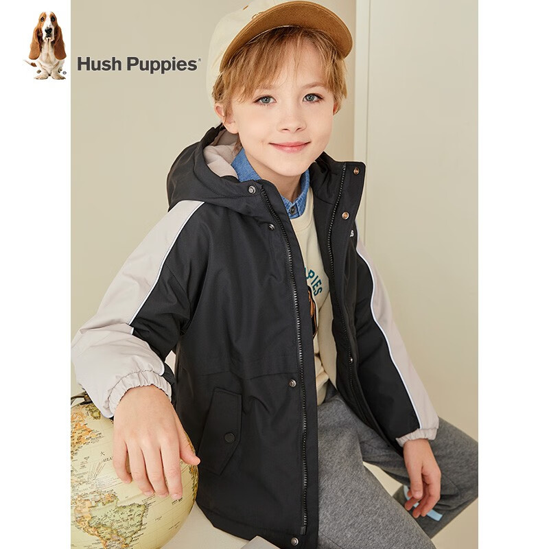 暇步士(Hush Puppies)童装儿童外套冬季新款男大童时尚连帽加绒厚风衣外套 钻石黑 140cm