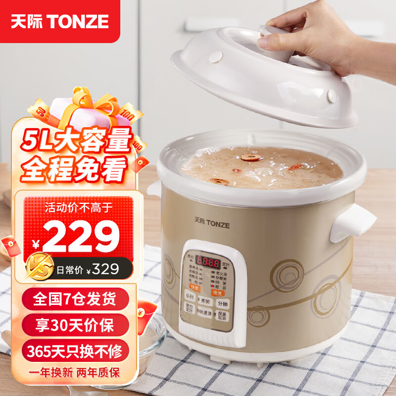 天际TONZE 电炖锅 陶瓷锅 煲汤炖锅 电炖盅 煲汤锅 炖汤锅 婴儿煮粥锅 熬粥养生锅煮粥神器 【5.0L】快炖-白瓷内胆