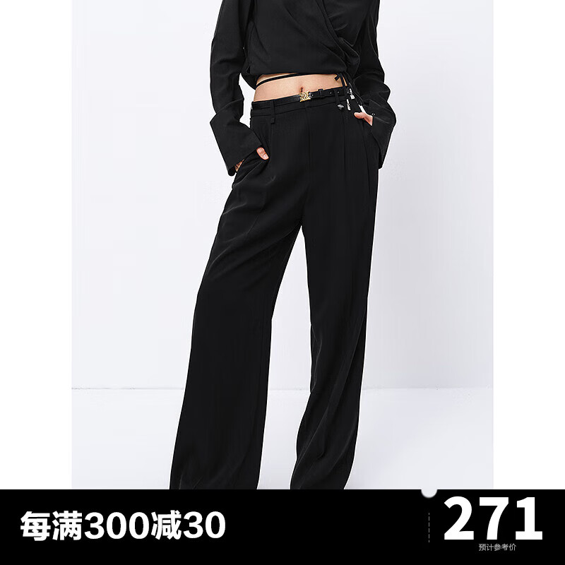 太平鸟高腰垂感直筒裤2024年夏季新款高腰黑色西装裤休闲裤长裤女 黑色 XL