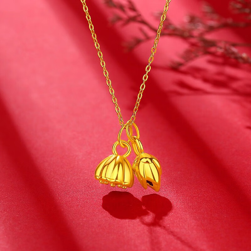 oidsg老凤凰珠宝黄金吊坠女士项链999足金挂坠荷花硬金莲蓬莲子项坠