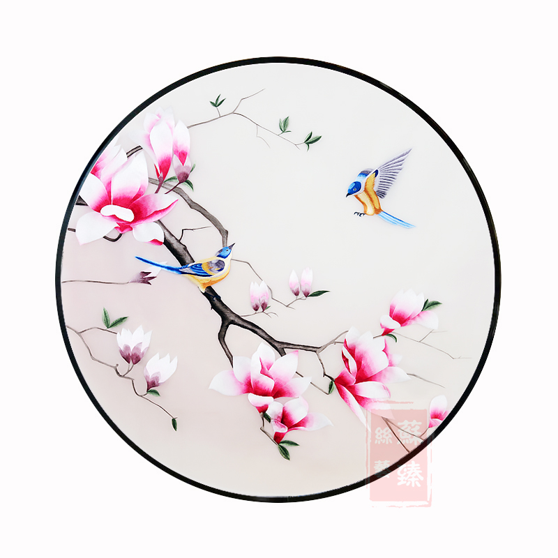 泽道居 苏绣成品挂画圆形玉兰花商务客厅装饰画中式创意鸟苏州手工