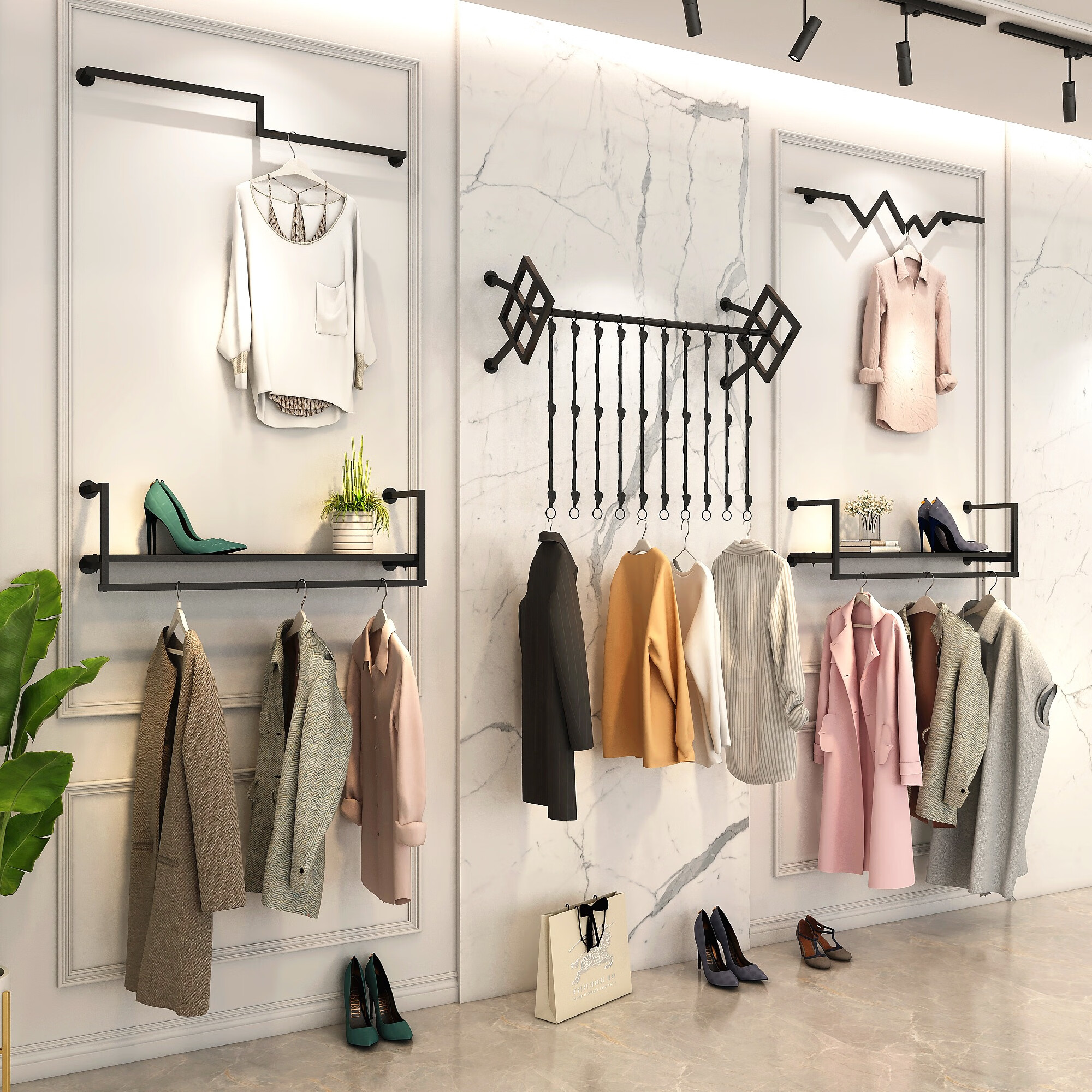 服装店展示挂衣架墙上服装店展示架上墙正挂鹿头横杆墙上衣服架子挂