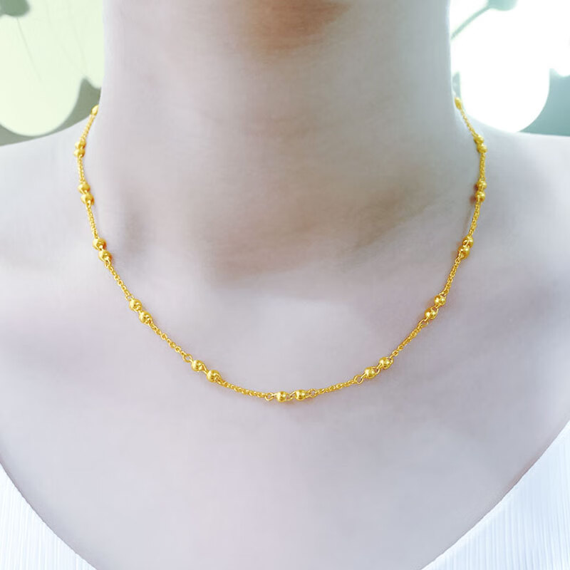项链女足金999简约个性素链双圆珠个性简约锁骨链颈链送礼 链长:42