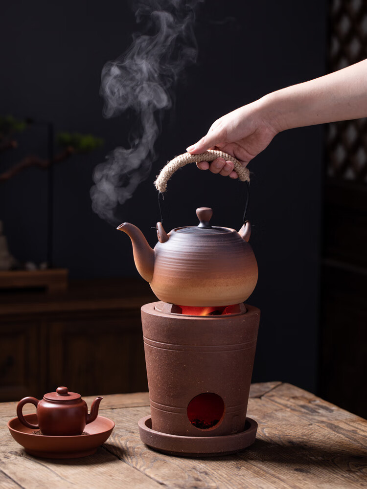 醉诱 红泥炭炉风炉仔煮茶器陶瓷烧水壶养生陶壶复古功夫茶炉户外 小侧