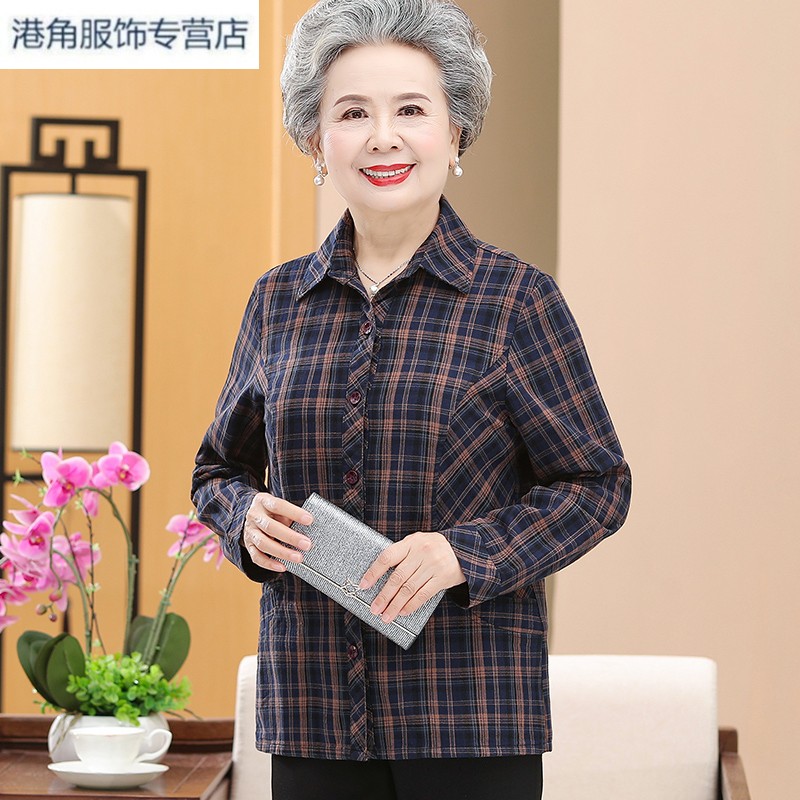 奶奶装春秋长袖衬衫60岁70中老年人秋装女上衣老人秋天格子衣服80