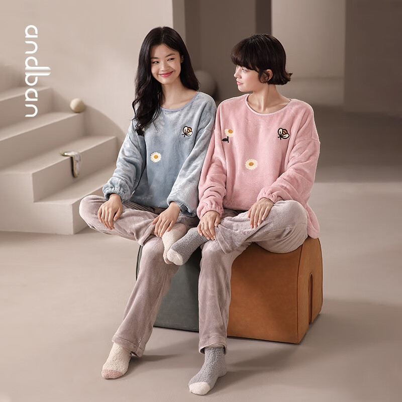 安之伴睡衣女秋冬法兰绒长袖套头圆领卡通多色保暖舒适可外穿家居服套装 冰兰(法兰绒锁温又柔软) L