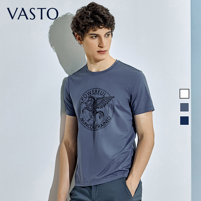 vasto华斯度夏季飞马印花短袖t恤中青年圆领时尚男装上衣 蓝色01e