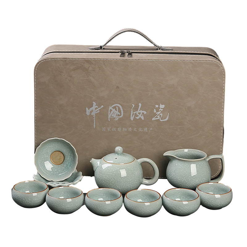 器酋  高檔汝窯功夫茶具套裝陶瓷冰花釉茶壺蓋碗禮盒國慶禮物送人禮品 10頭冰花釉西施壺套裝（羅漢杯）