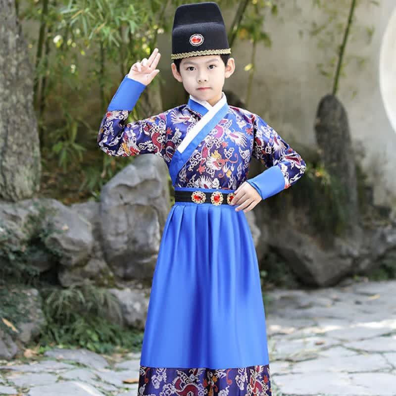 UHFEJ儿童汉服飞鱼服锦衣卫古装四大名铺明制唐装男童侠客侍卫演出套装 蓝衣服 加帽子 120属于什么档次？