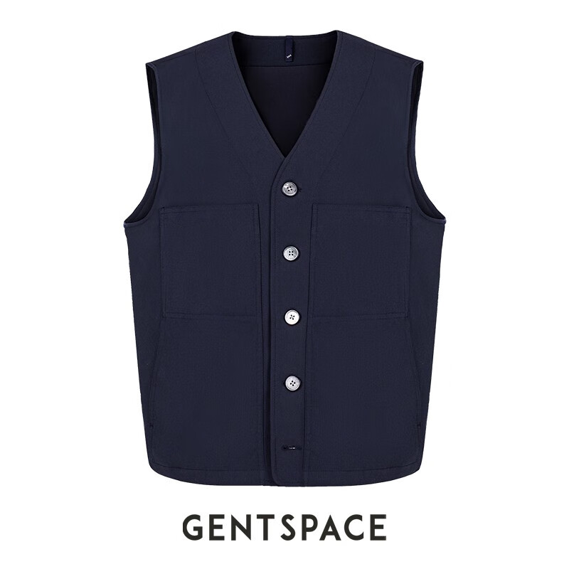 gentspace藏青色竖条纹肌理感单排扣无领款式单马甲 藏青色 46
