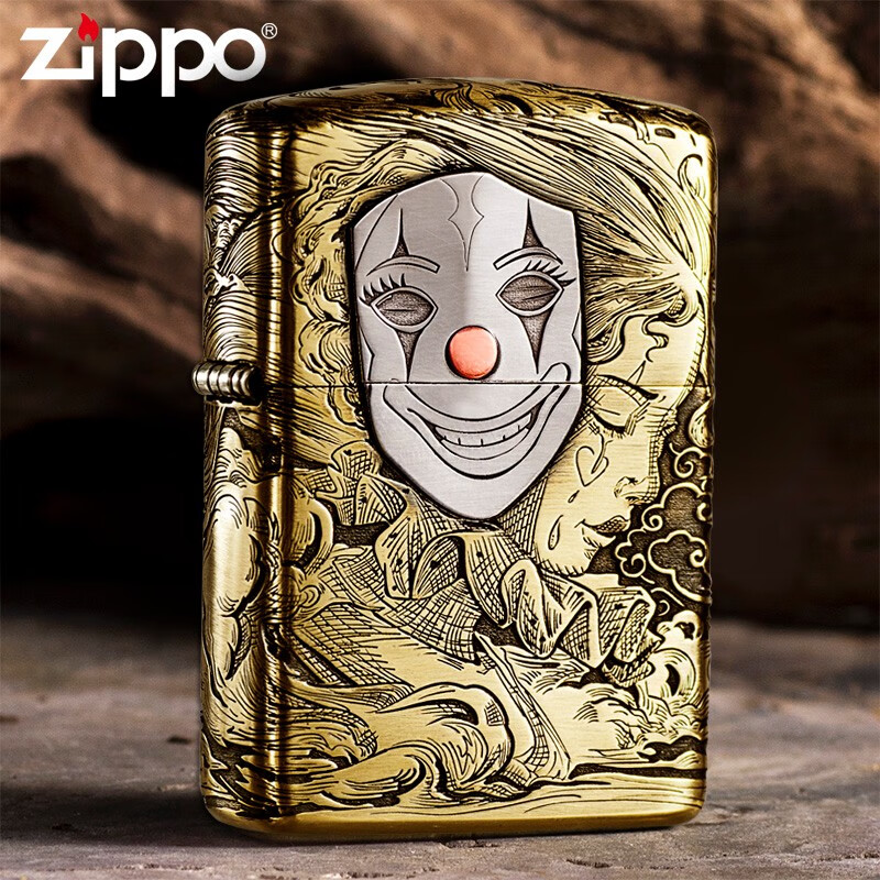 zippo 之宝zippo打火机 黄铜盔甲精雕面具人生 贴章面具小丑 防风火机