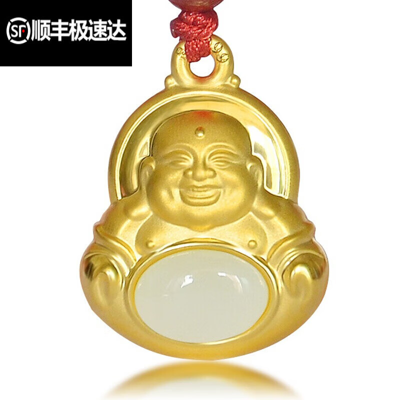 吴美人(生日礼物)金镶玉弥勒佛吊坠 和田玉佛公项链 黄金镶嵌大肚