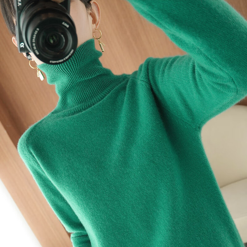 鄂·尔多斯市产2021秋冬新款高领羊绒衫女慵懒风宽松显瘦加厚套头毛衣针织衫 绿色 XL