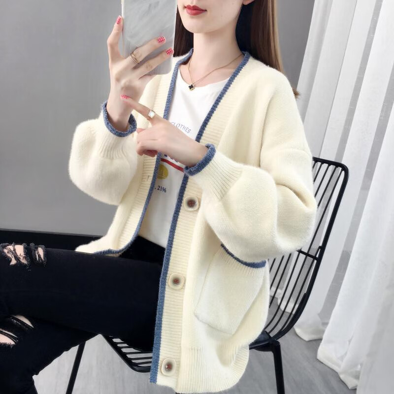 瑷优霏(aiyoufei)针织衫女开衫毛衣外套女宽松新款春秋冬韩版时尚洋气百搭气质外套 大扣雪妮开衫 米白 XL 建议115-125斤左右