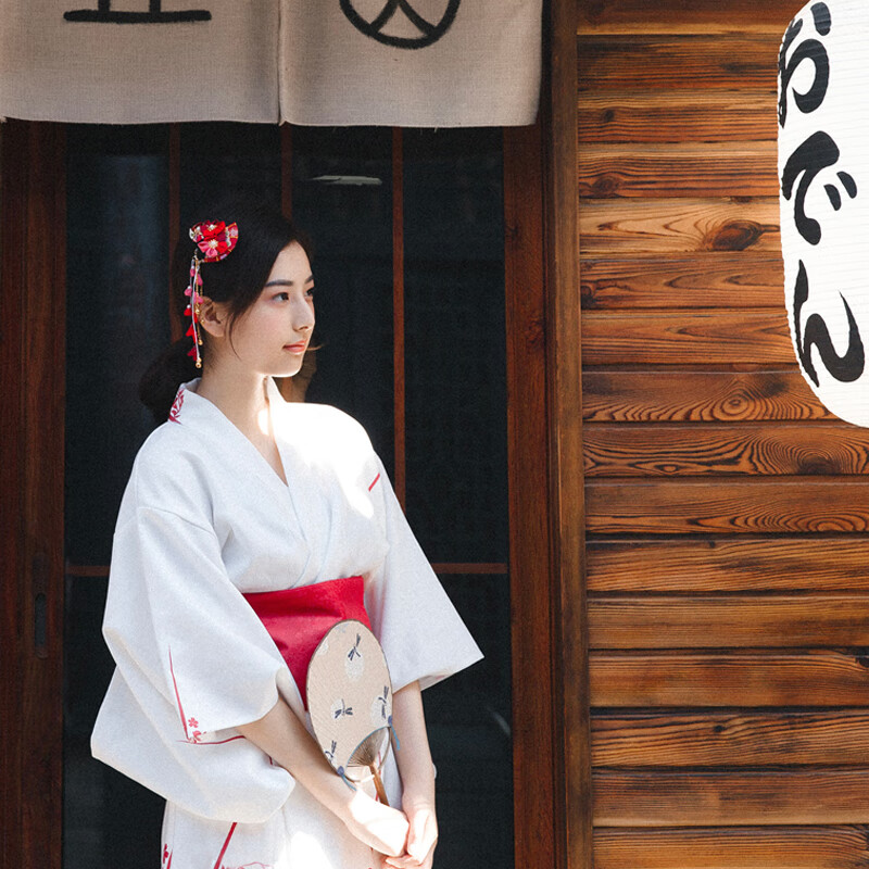 fengedun日式和服女正装日本传统服装桔子点点女樱花改良浴衣白色