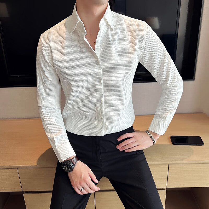塔森朗法式衬衫男士衬衫长袖高级感新款华夫格春秋季高端时尚法式商务