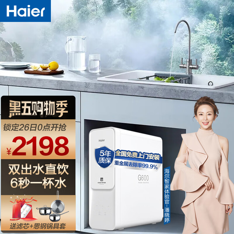 106126/【新品双鱼座】海尔(Haier)净水器家用净水机 RO反渗透纯水机600G大通量无桶双出水台下直饮机 【升级款】双鱼座6H99