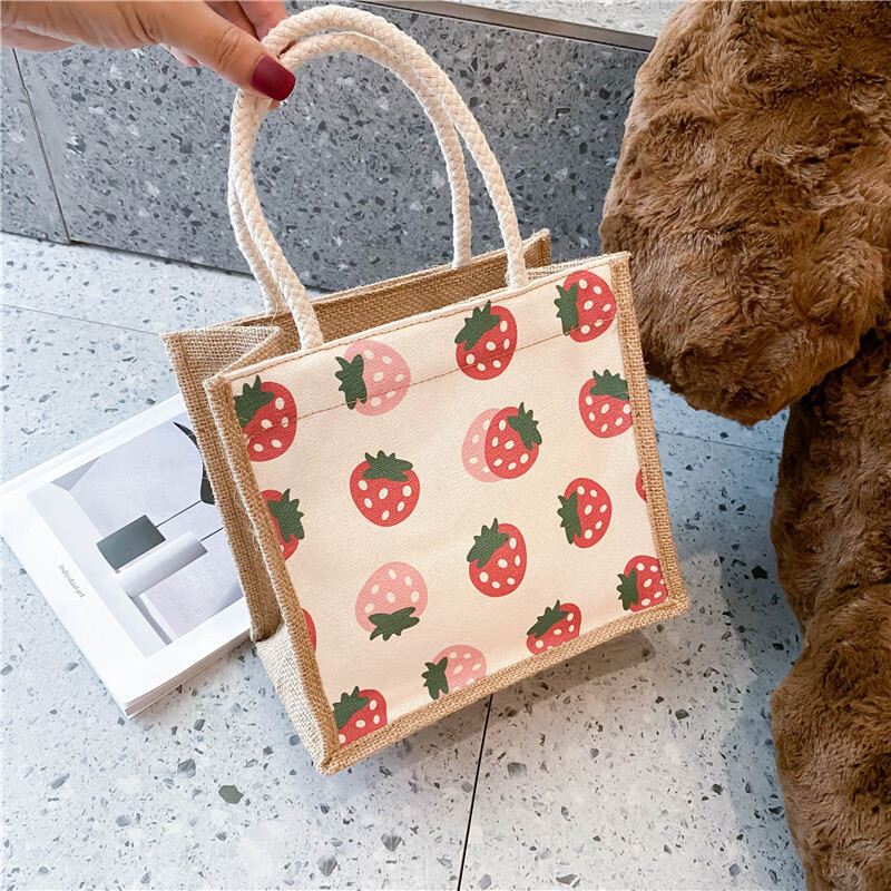 欧凡洛帆布饭盒袋手提袋可爱手拎包2021新款潮女包妈咪便当小包包上班族 草莓（小号）