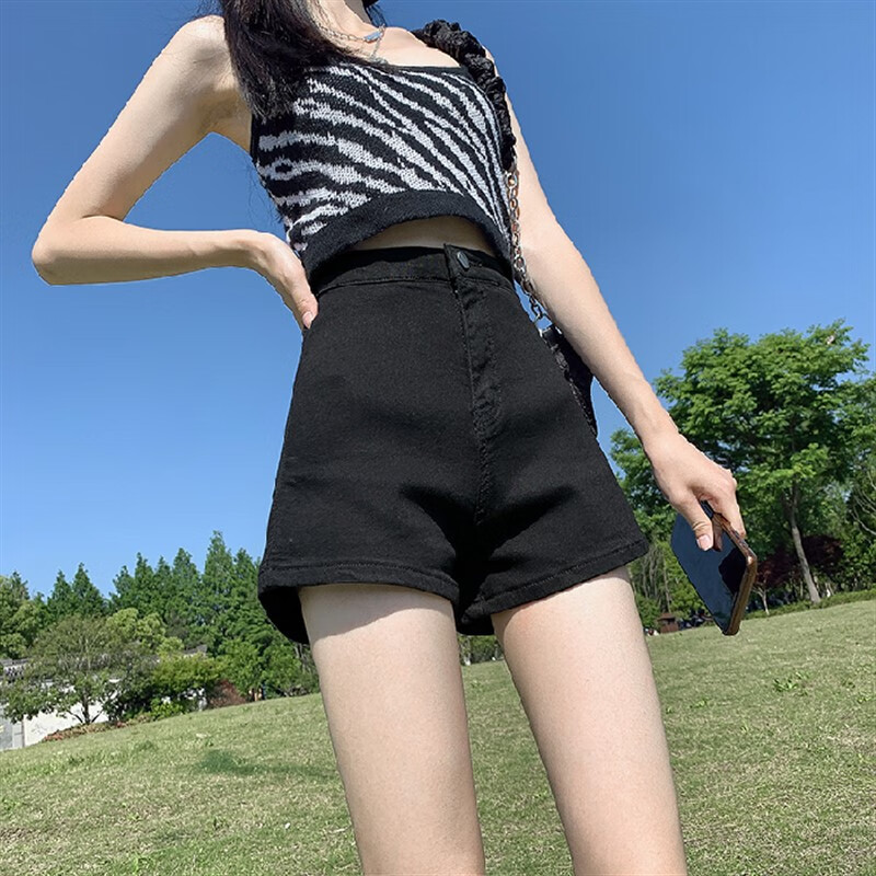 bicify三分牛仔裤女黑色牛仔短裤夏外穿紧身辣妹高腰a字超短热裤子