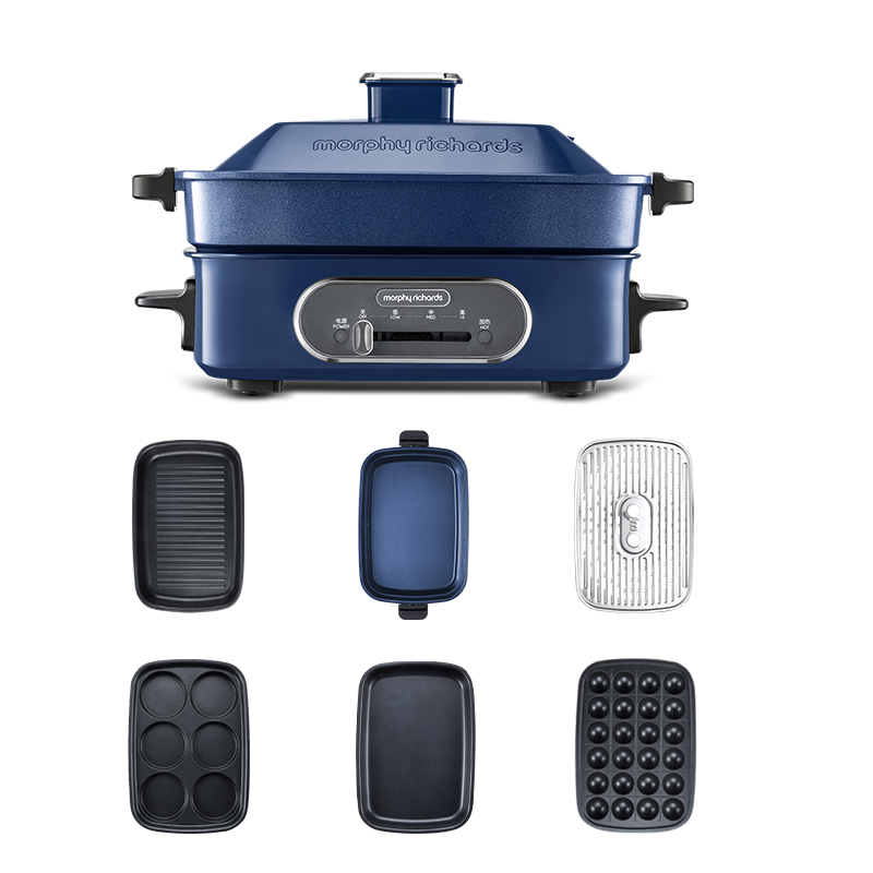 摩飞电器（Morphyrichards）多功能锅家用 鸳鸯锅电火锅专用锅料理锅蒸煮炒一体涮烤肉锅电烤盘分体式多用途电热锅旗舰 MR9088 蓝色全套六盘