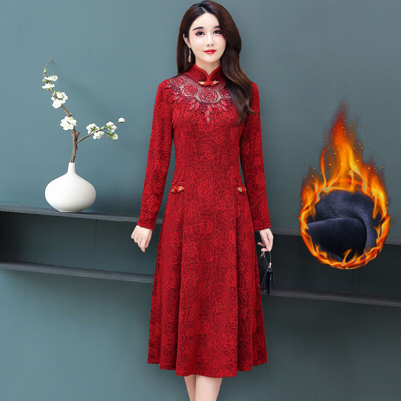 旗袍裙民族风复古婚宴礼服 大红色【加绒保暖】 xl【建议90-105斤】