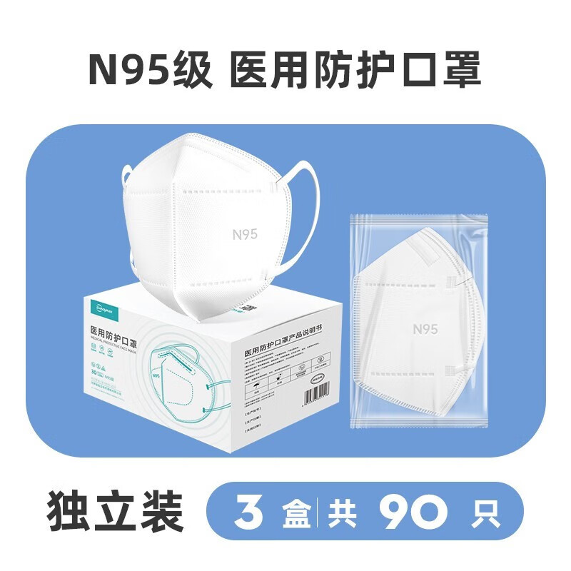 超亚医药N95型口罩甲流医用一次性防护口罩 支原体口罩 防细菌飞沫雾霾透气成人男女通用袋装独立包装 【90只】白色医用防护N95口罩【独立盒装】
